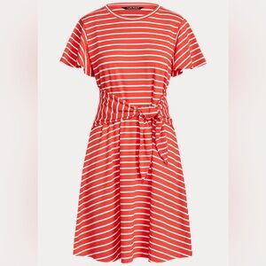 Lauren Ralph Lauren Red and White Tie Front Striped Dress - Size M